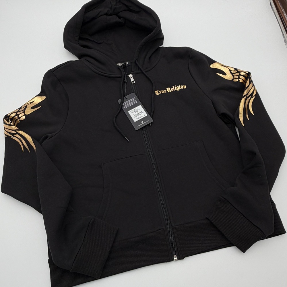 True Religion Mens Gold Wings Zip Up Hoodie Jet Black Gold Foil Logo Large NWT